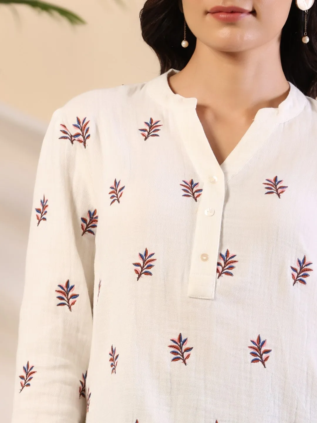 Jashvi Ivory Women Floral Embroidered High-Low Cotton Tunic With Half Placket