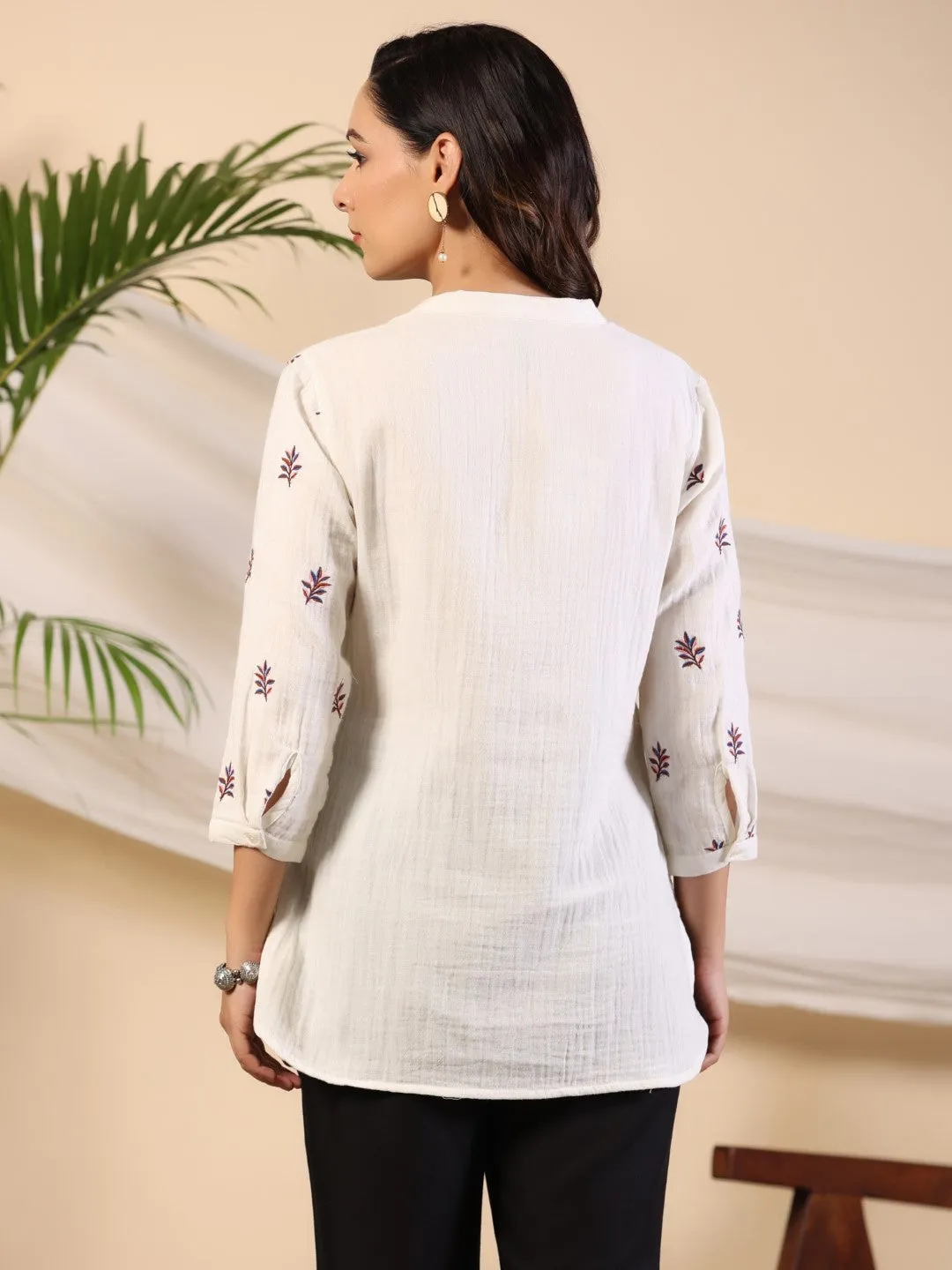 Jashvi Ivory Women Floral Embroidered High-Low Cotton Tunic With Half Placket
