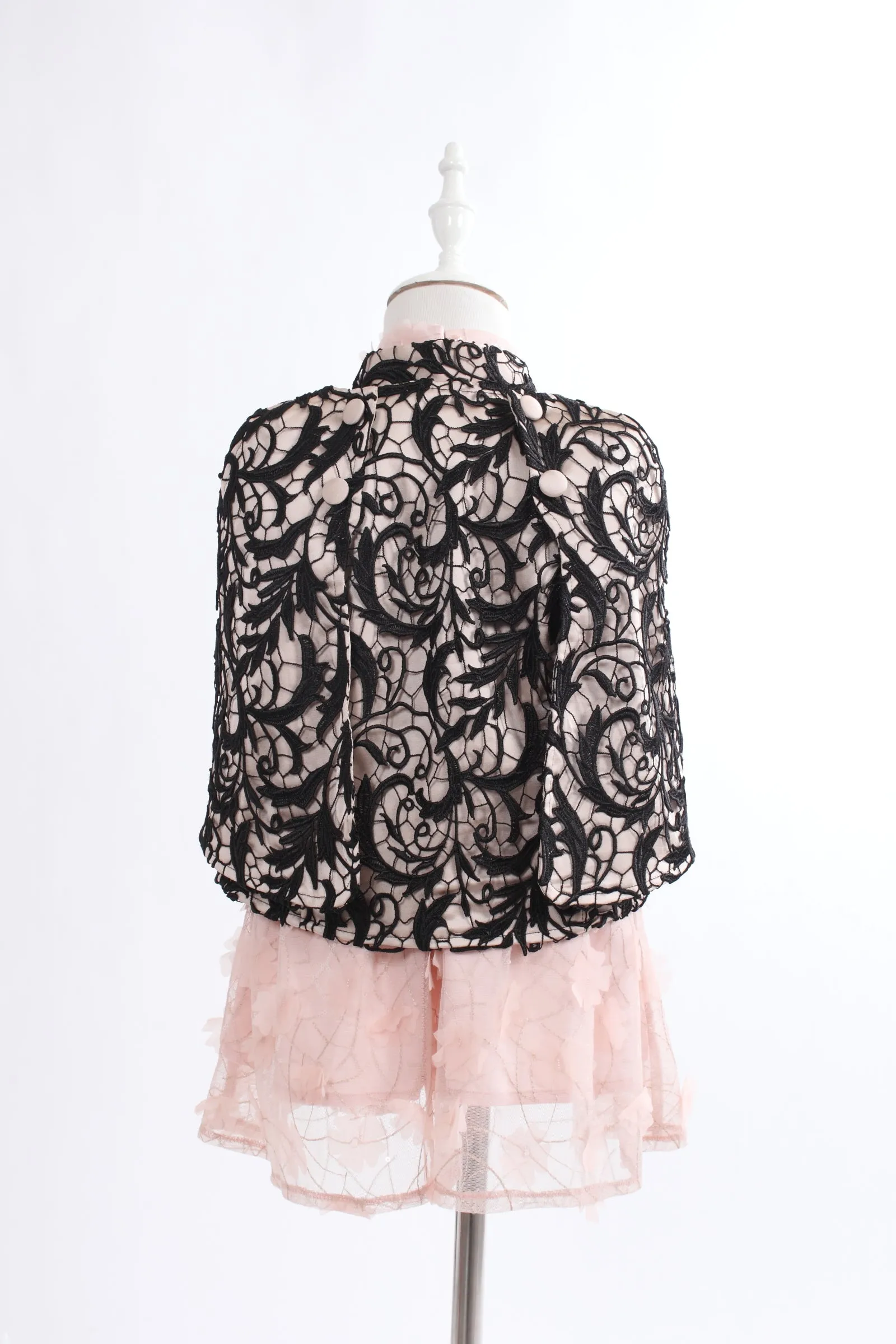 Kids Mao Collar Beige Cape With Black Lace Top Layer