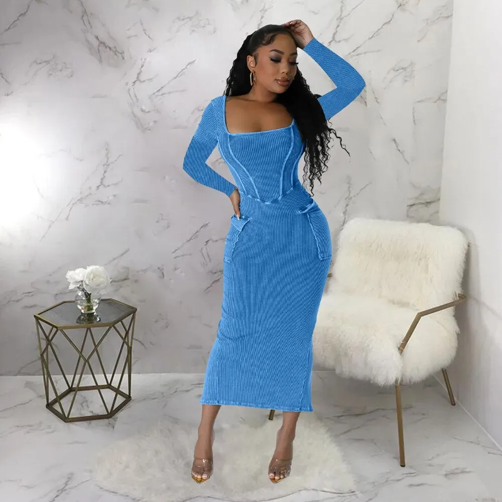 Knitted Rib Long Dress for Women Long Sleeve Bodycon*