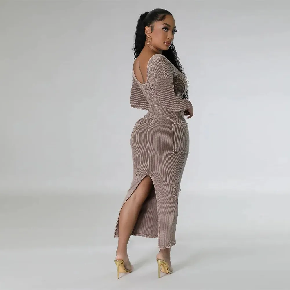 Knitted Rib Long Dress for Women Long Sleeve Bodycon*