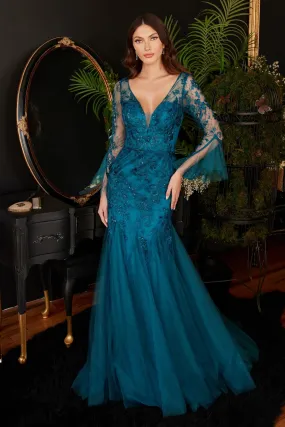 Long Bell Sleeves Glitter Mermaid Gown By Ladivine CM327 - Women Evening Formal Gown - Special Occasion/Curves