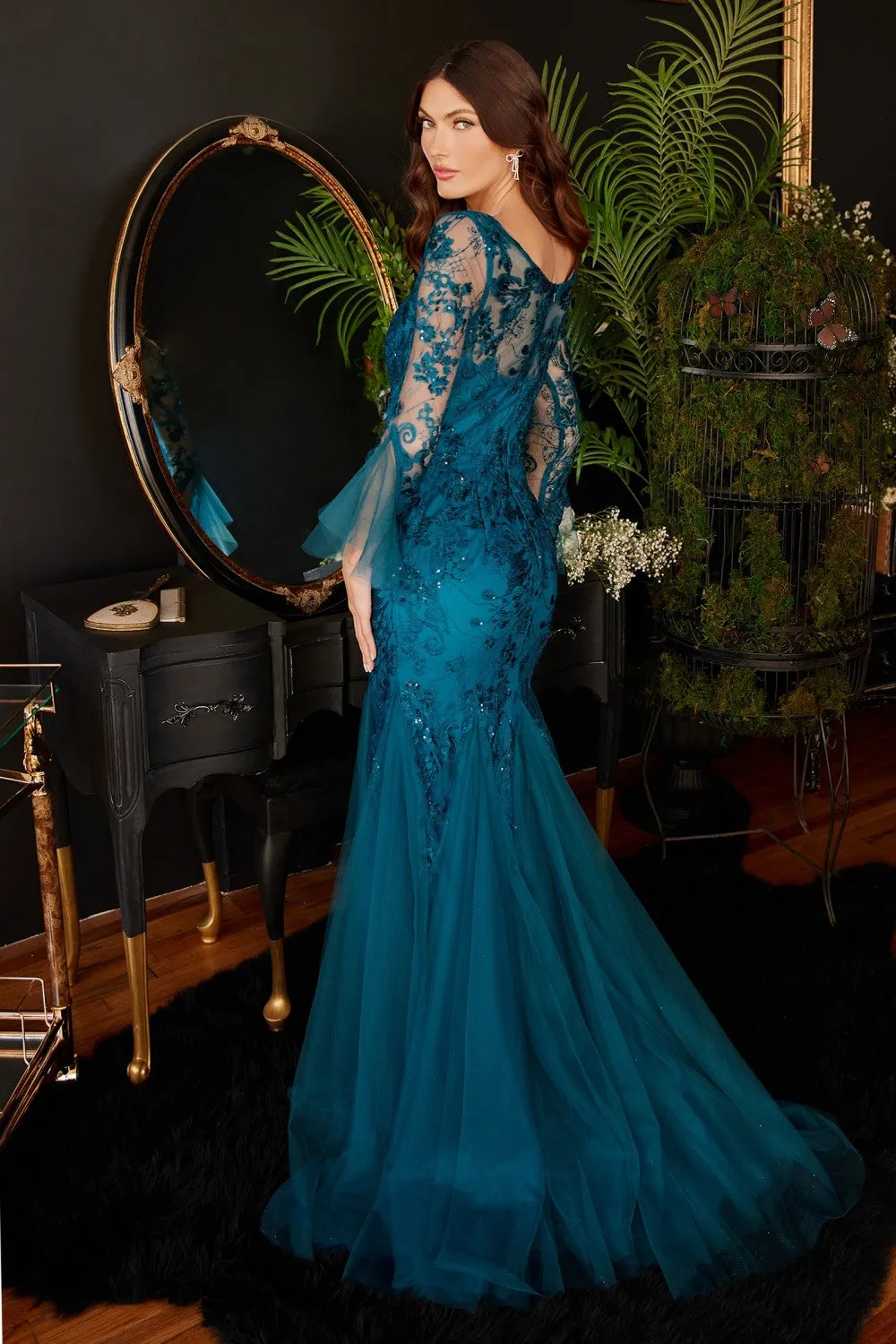 Long Bell Sleeves Glitter Mermaid Gown By Ladivine CM327 - Women Evening Formal Gown - Special Occasion/Curves