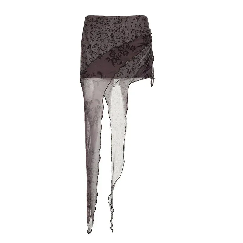 Metaversmall Asymmetrical Ruched Printed Bodycon Mesh Skirt Female Vintage Fashion Fringe Drawstring Sexy Party Skirt Mini Outfits
