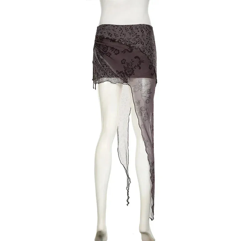 Metaversmall Asymmetrical Ruched Printed Bodycon Mesh Skirt Female Vintage Fashion Fringe Drawstring Sexy Party Skirt Mini Outfits