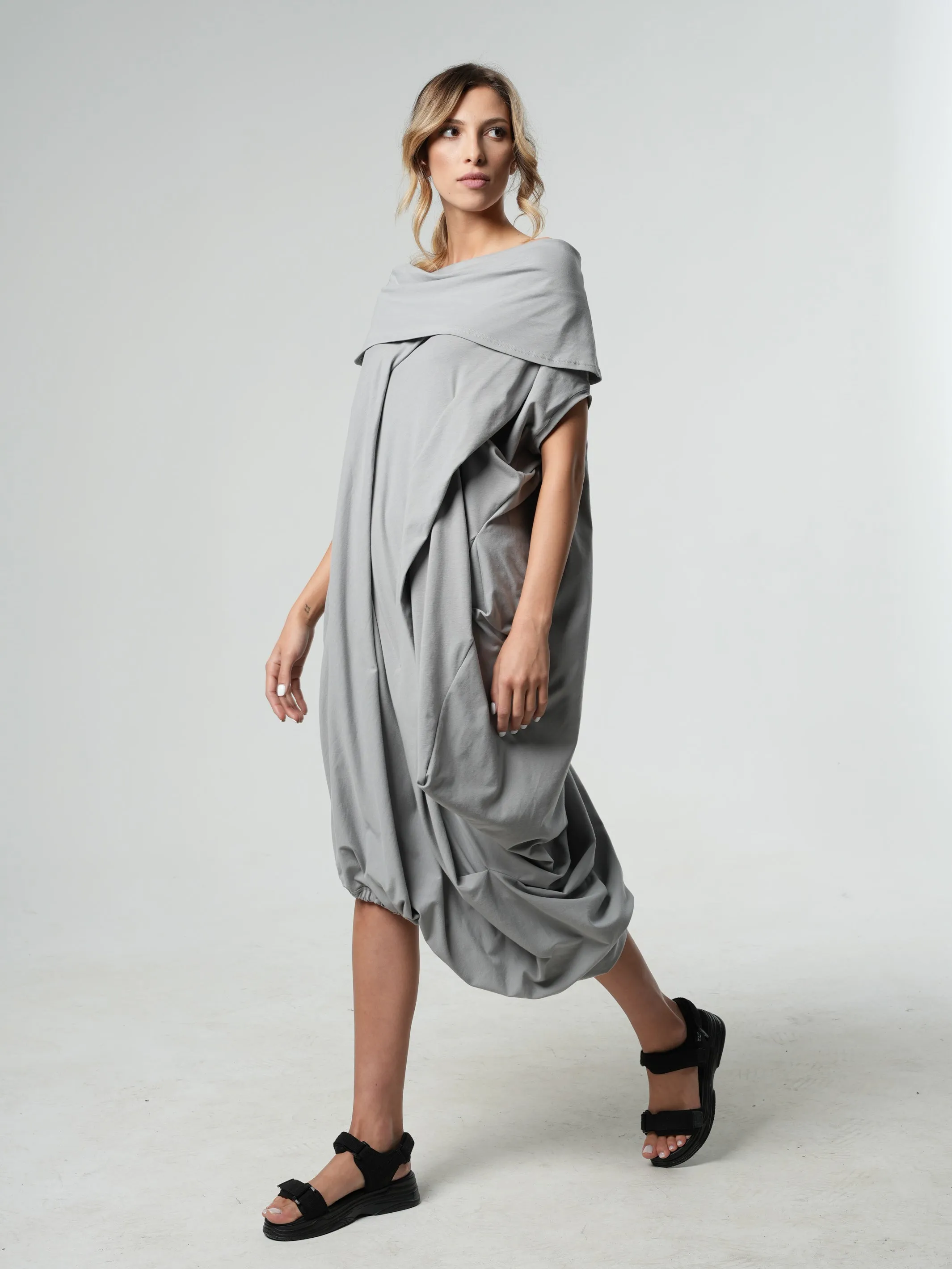 Oversize Cotton Kaftan Dress In Light Grey