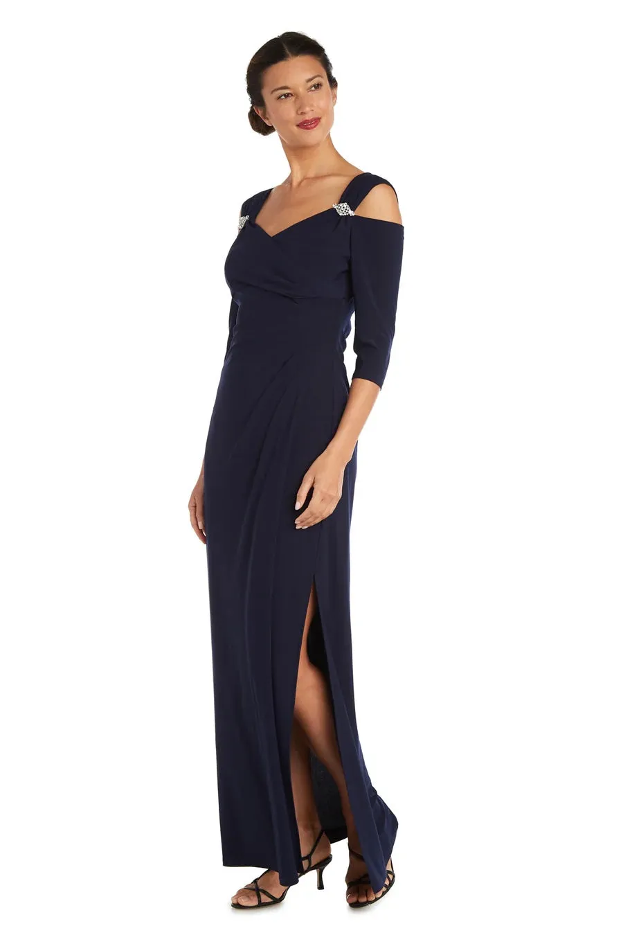 Petite Empire Waist Cold Shoulder Evening Gown with Sleeves