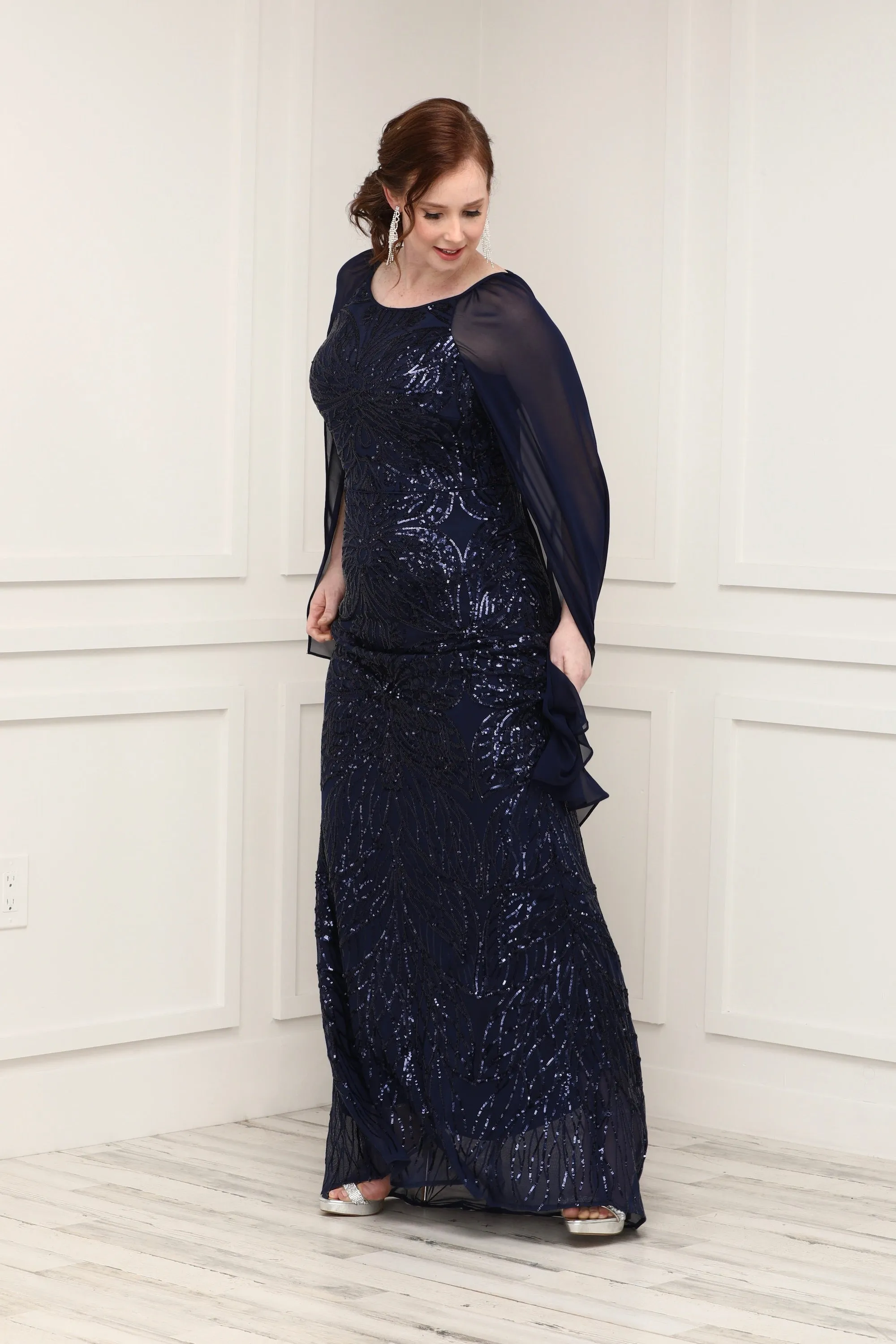 Petite Sequin Beaded Gown With Cape - Formal Gown