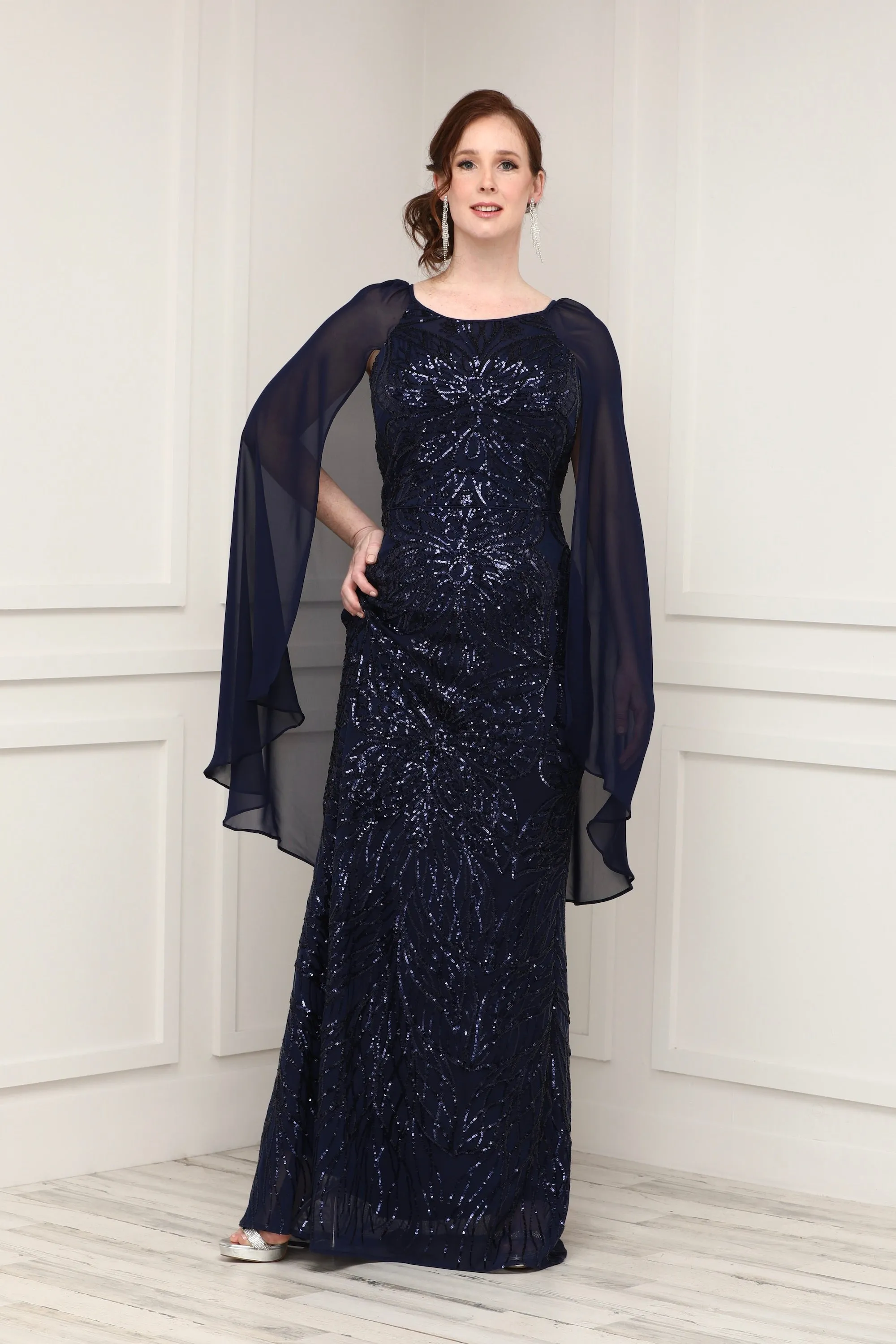 Petite Sequin Beaded Gown With Cape - Formal Gown