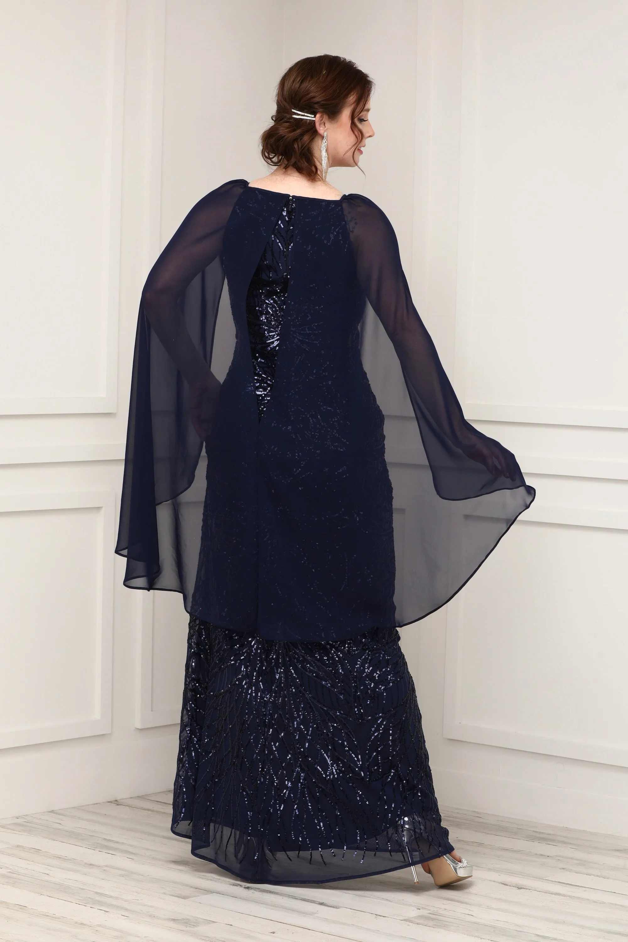 Petite Sequin Beaded Gown With Cape - Formal Gown