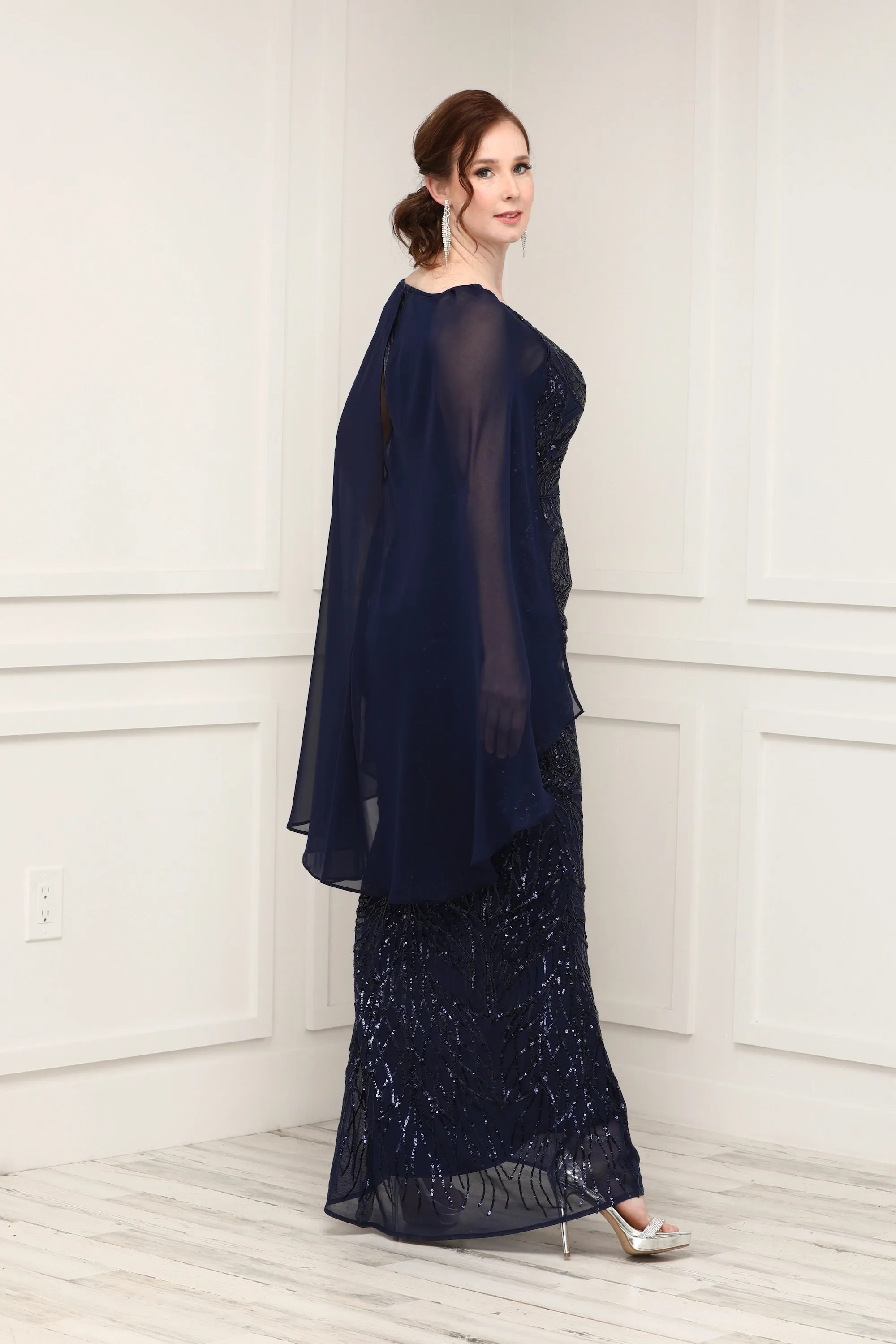 Petite Sequin Beaded Gown With Cape - Formal Gown