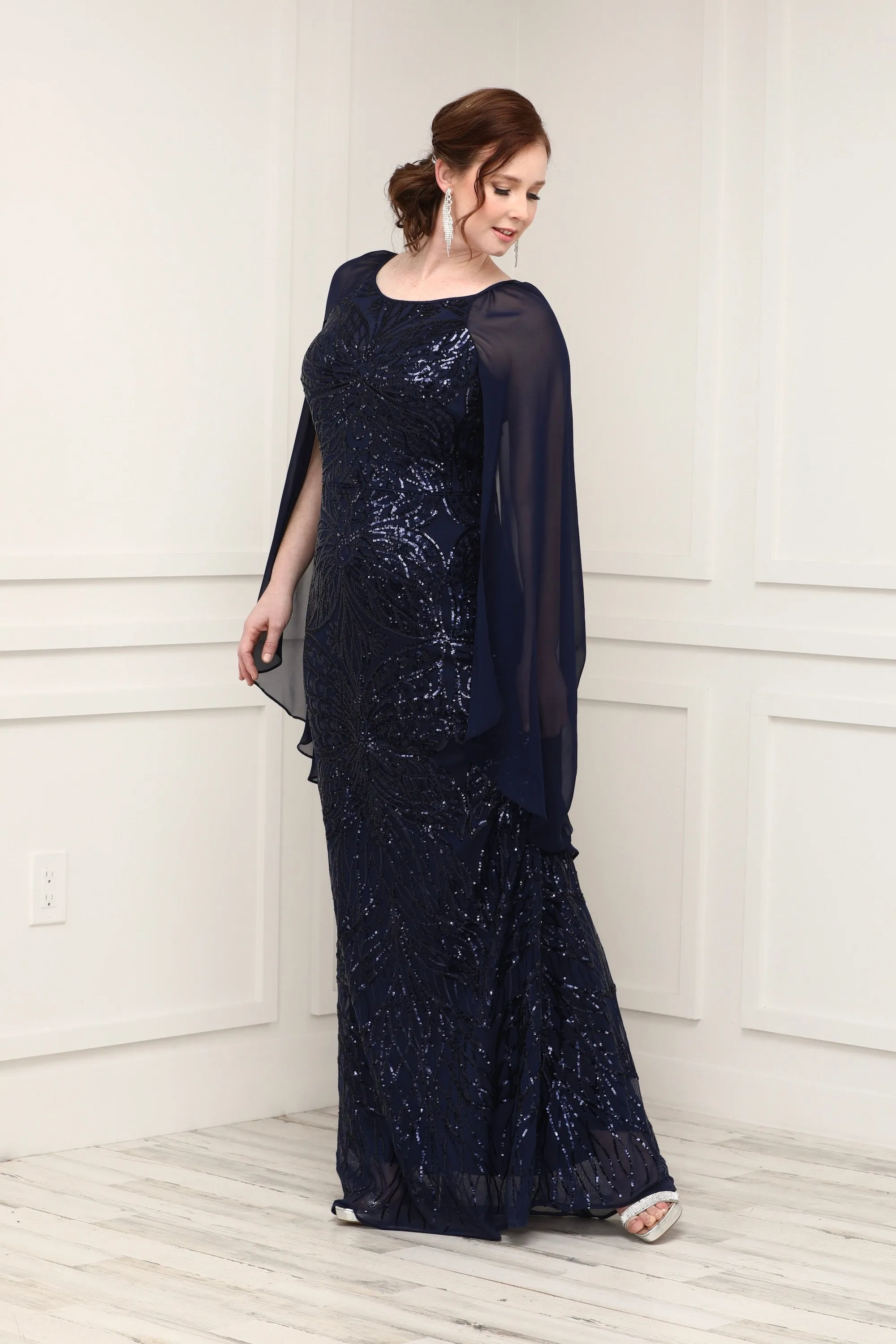 Petite Sequin Beaded Gown With Cape - Formal Gown