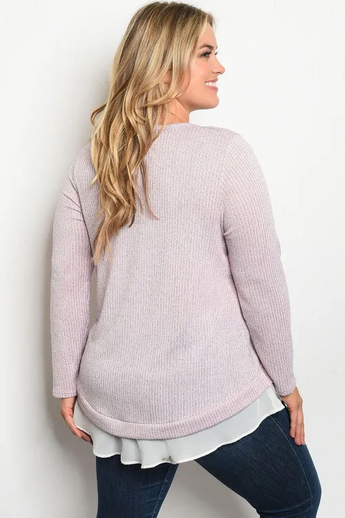 Pink and Ivory Slub Knit Plus Size Tunic Sweater
