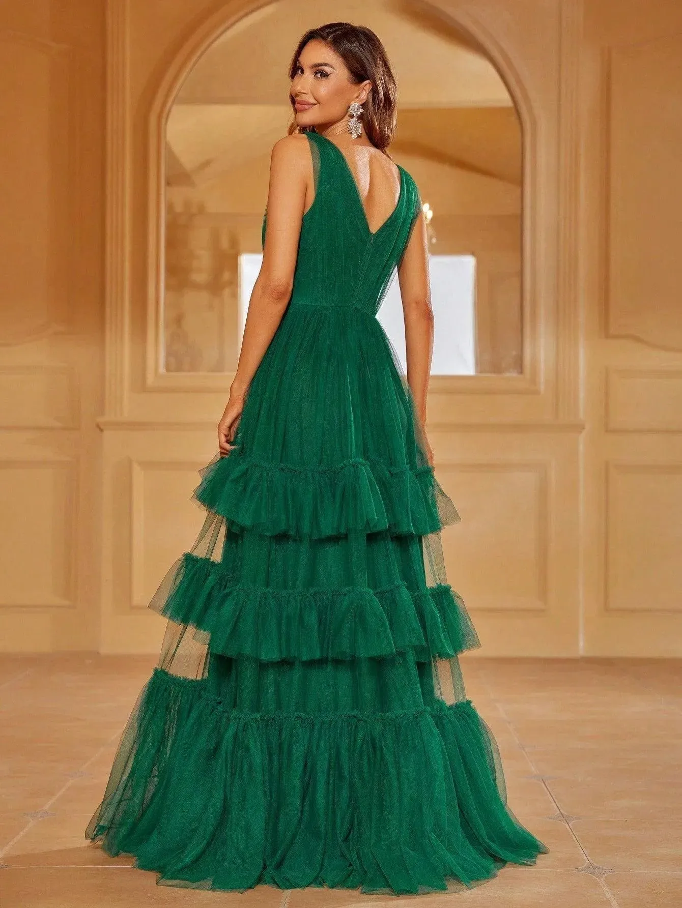 Plunging Neck Sleeveless Layered Ruffle Hem Prom Dress
