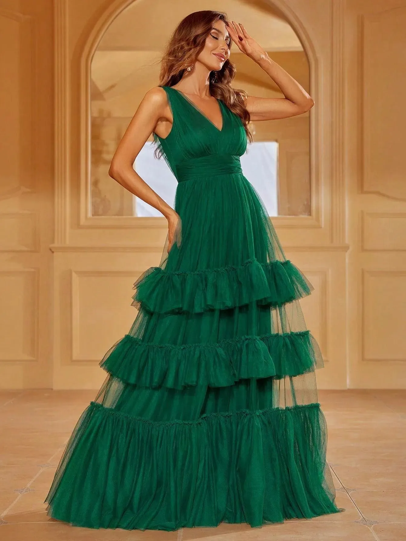 Plunging Neck Sleeveless Layered Ruffle Hem Prom Dress