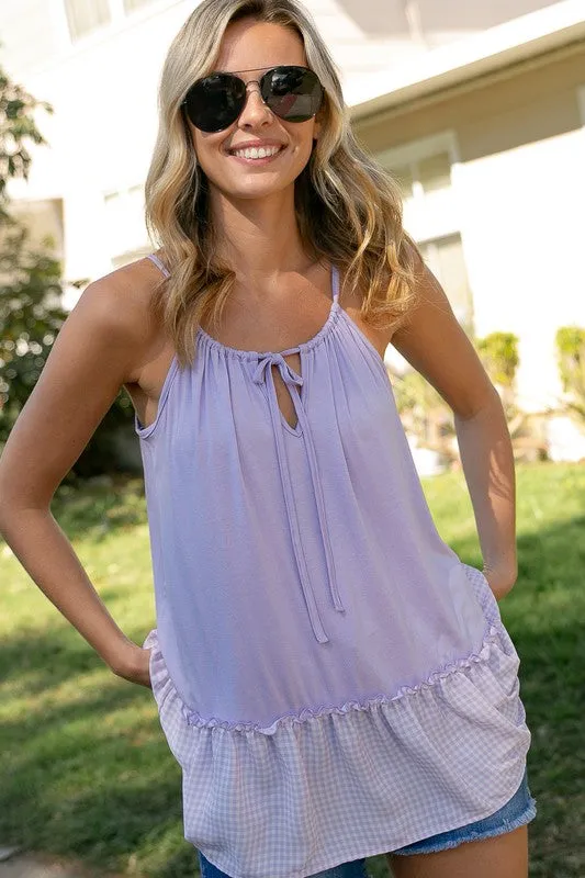 Plus Gingham Tie Neck Ruffle Hem Tunic Tank