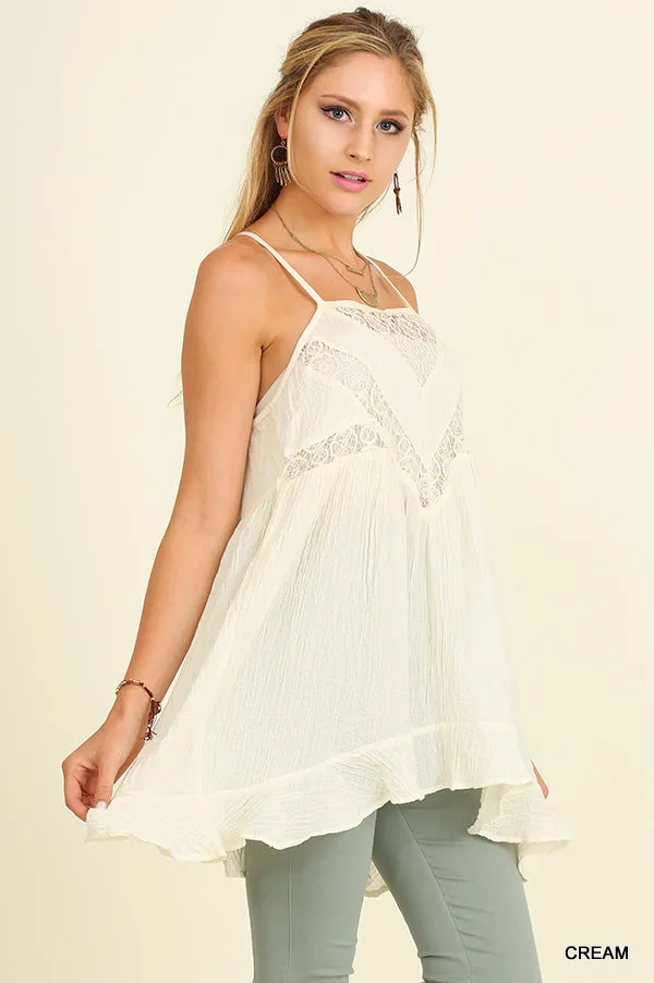 Ruffle & Lace Sleeveless Tunic, Cream