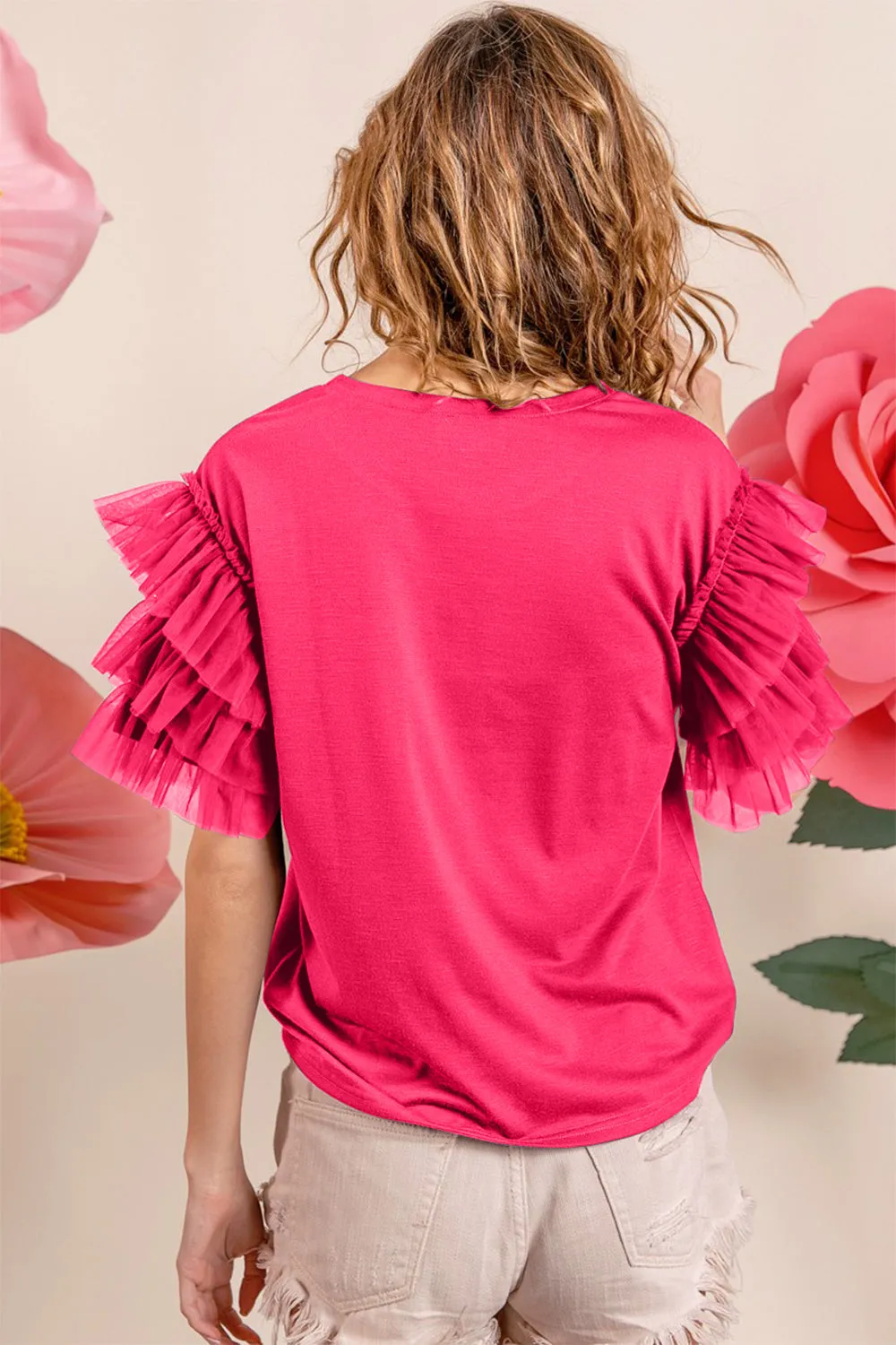 Ruffle Mesh Lace Layered Short Sleeve Top by BiBi