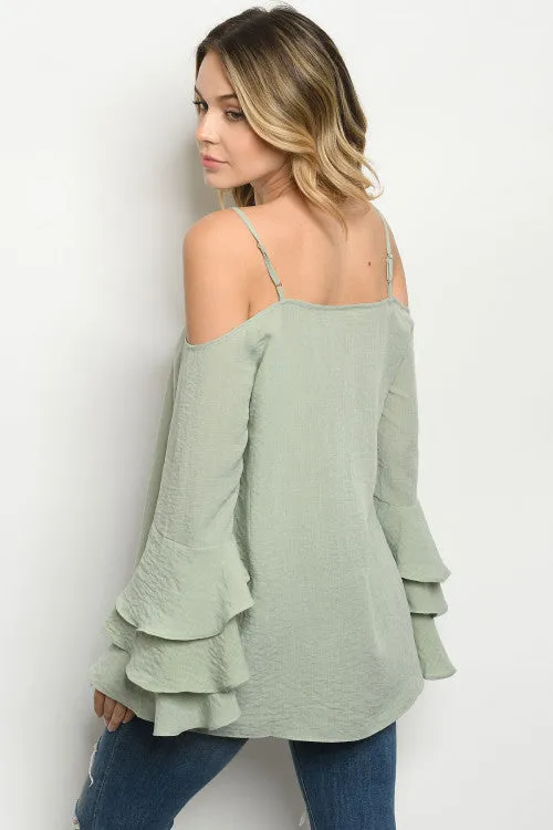 Sage Green Cold Shoulder Bell Sleeve Top