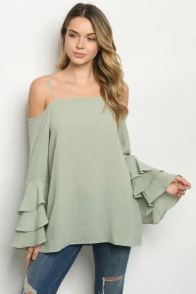 Sage Green Cold Shoulder Bell Sleeve Top