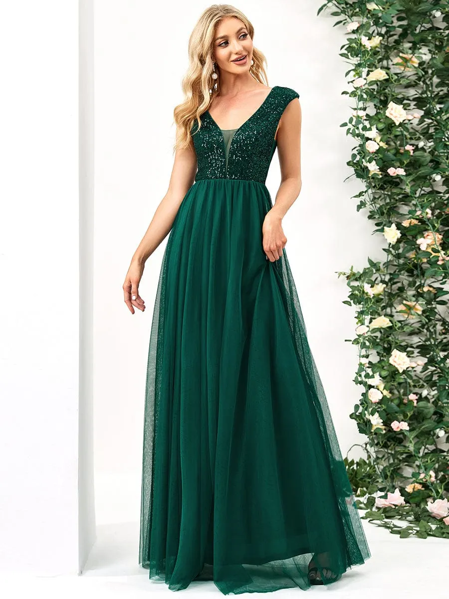Sequin Illusion Plunging V-Neckline Sleeveless A-Line Tulle Evening Dress