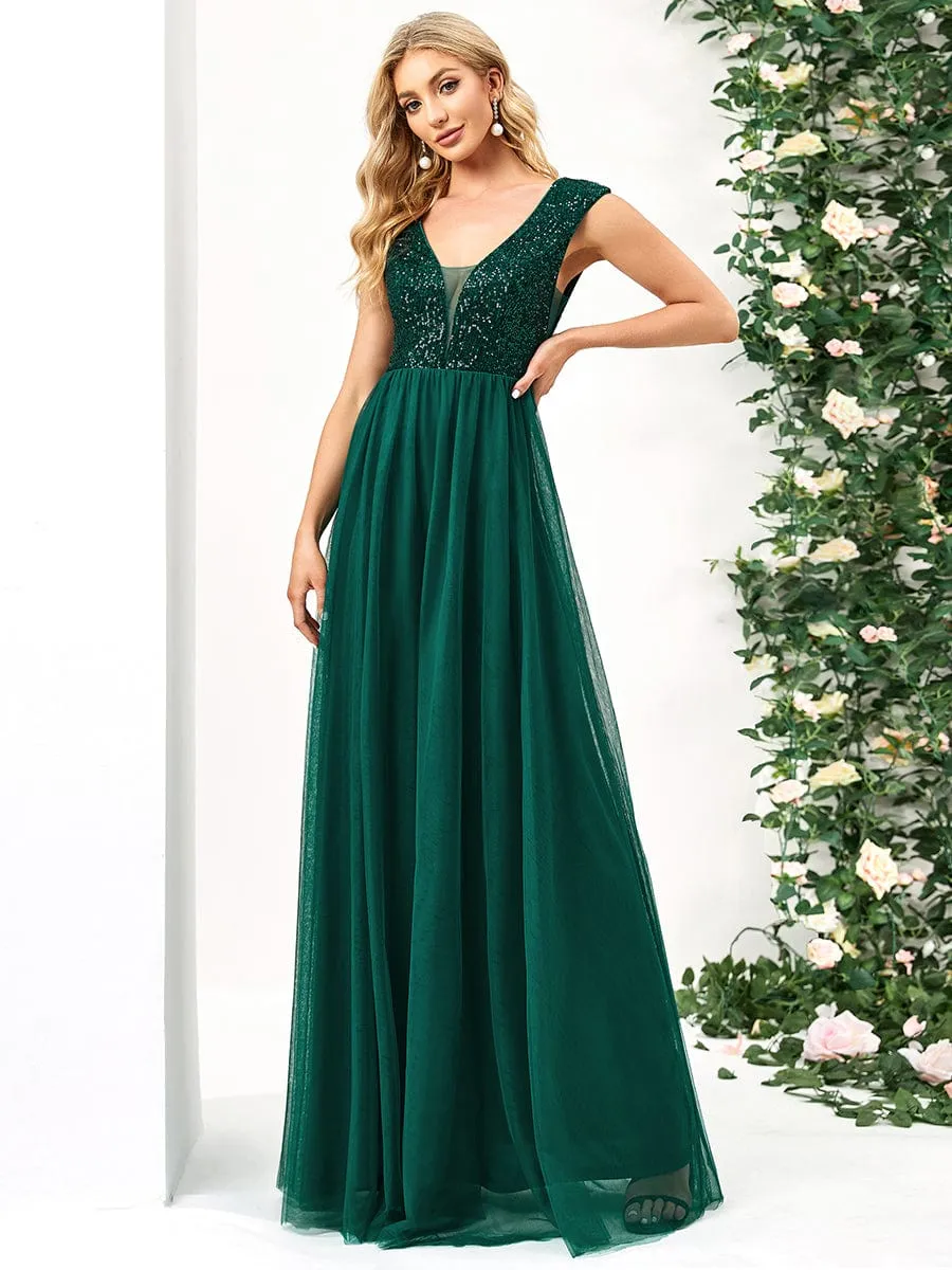Sequin Illusion Plunging V-Neckline Sleeveless A-Line Tulle Evening Dress