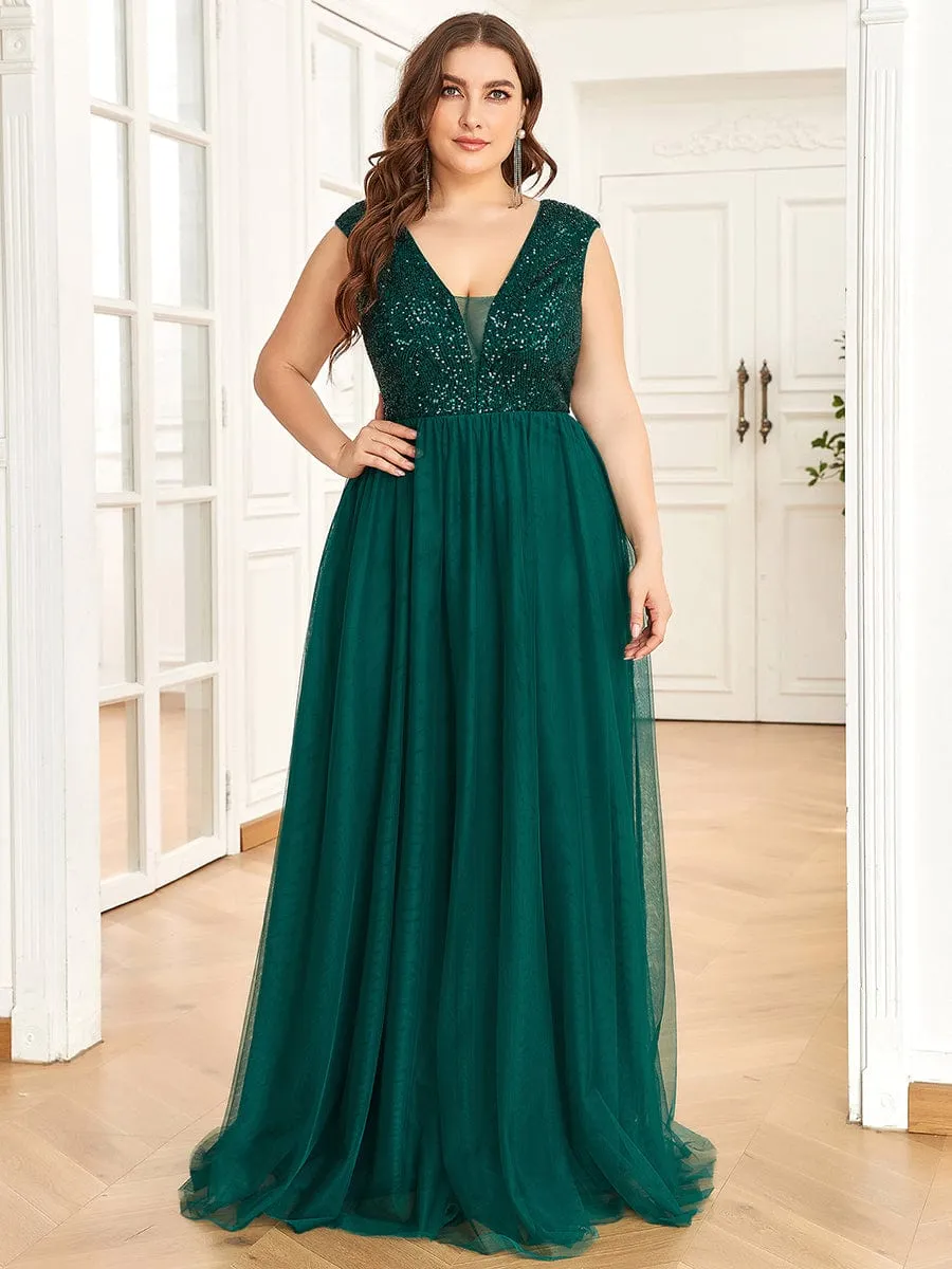 Sequin Illusion Plunging V-Neckline Sleeveless A-Line Tulle Evening Dress
