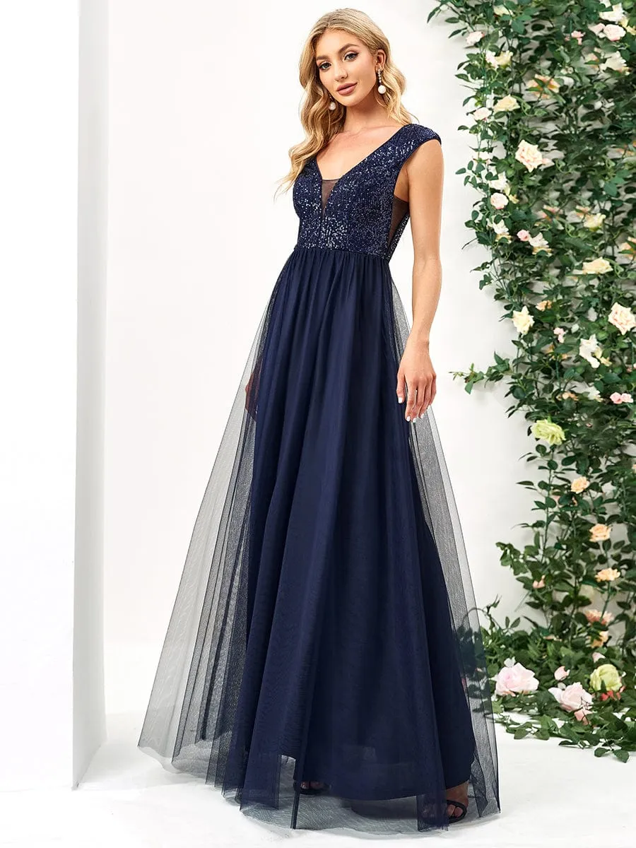 Sequin Illusion Plunging V-Neckline Sleeveless A-Line Tulle Evening Dress