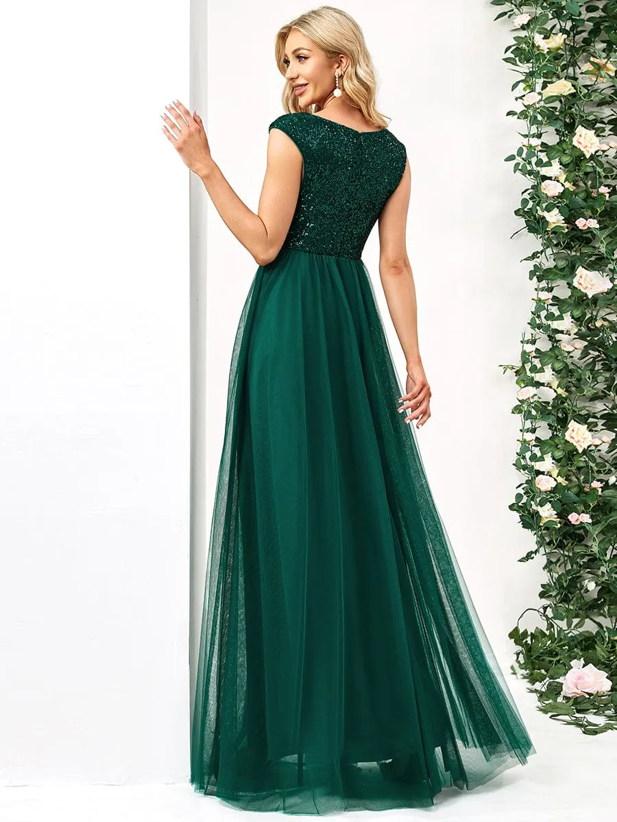 Sequin Illusion Plunging V-Neckline Sleeveless A-Line Tulle Evening Dress