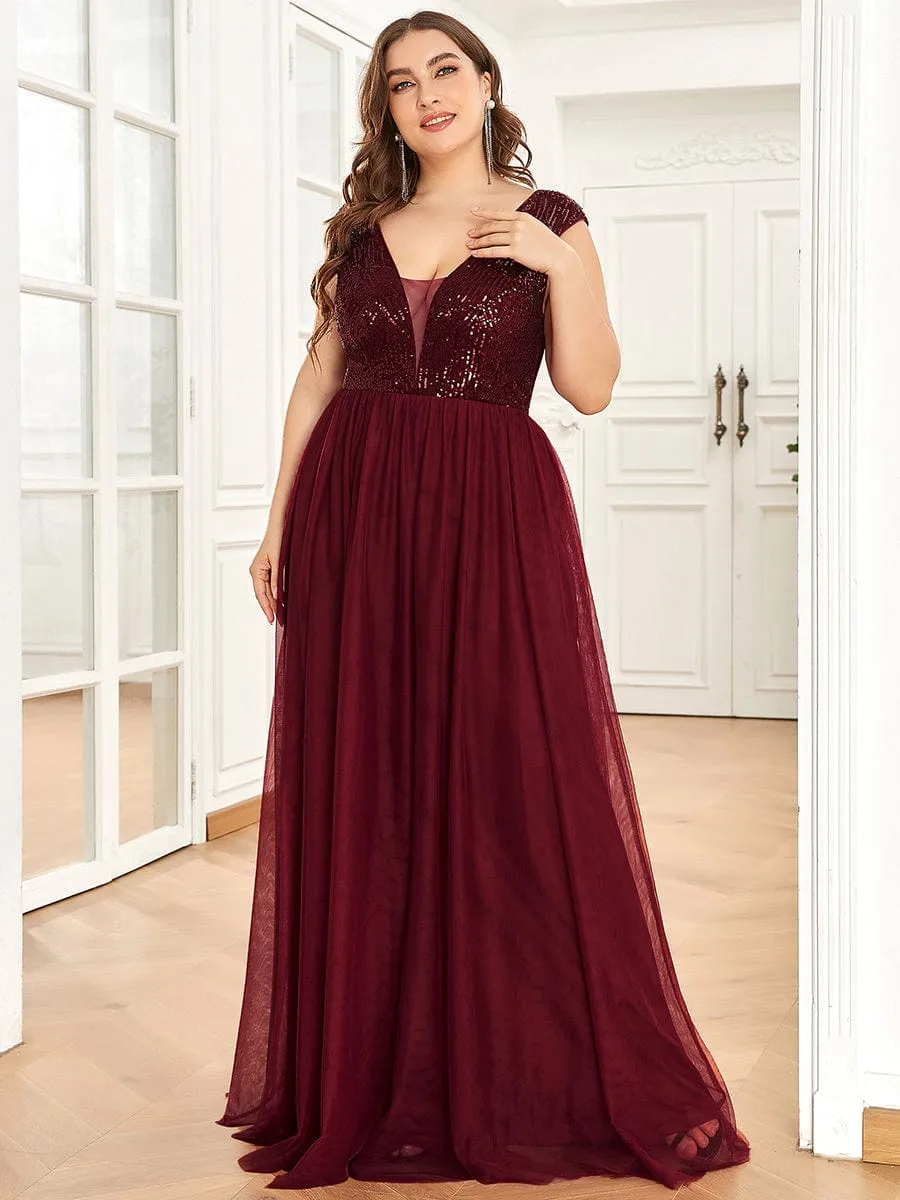 Sequin Illusion Plunging V-Neckline Sleeveless A-Line Tulle Evening Dress