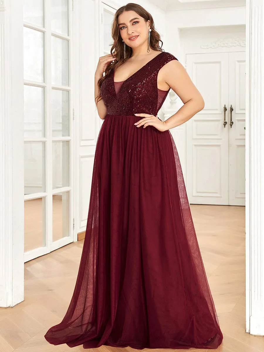 Sequin Illusion Plunging V-Neckline Sleeveless A-Line Tulle Evening Dress