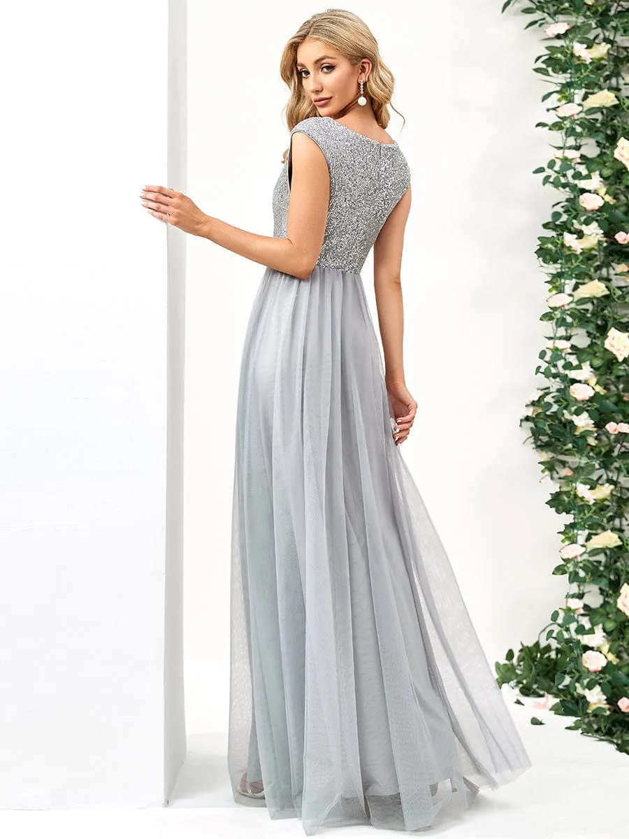 Sequin Illusion Plunging V-Neckline Sleeveless A-Line Tulle Evening Dress