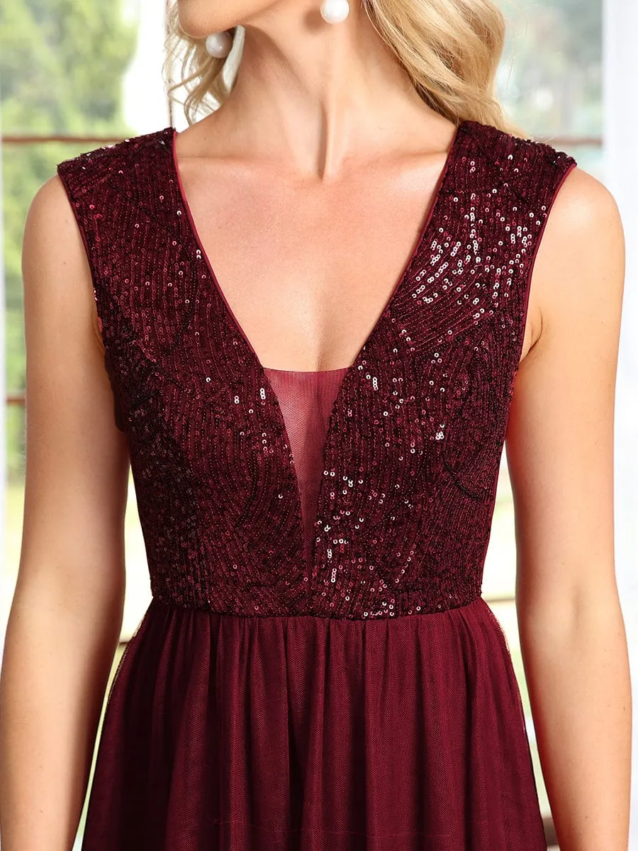 Sequin Illusion Plunging V-Neckline Sleeveless A-Line Tulle Evening Dress