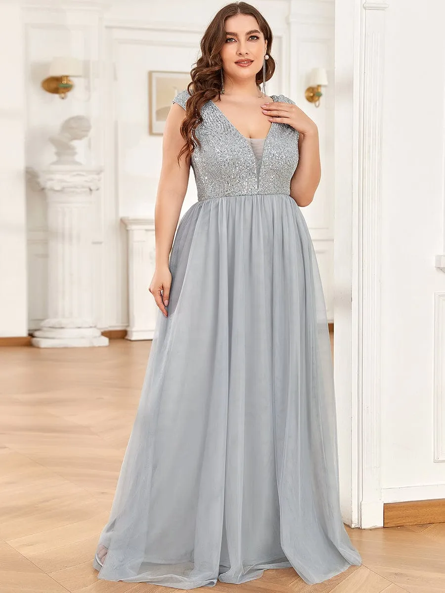 Sequin Illusion Plunging V-Neckline Sleeveless A-Line Tulle Evening Dress