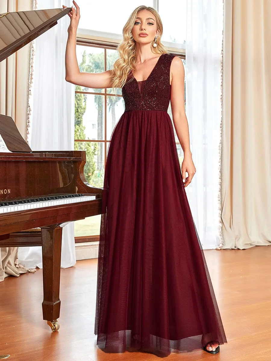 Sequin Illusion Plunging V-Neckline Sleeveless A-Line Tulle Evening Dress