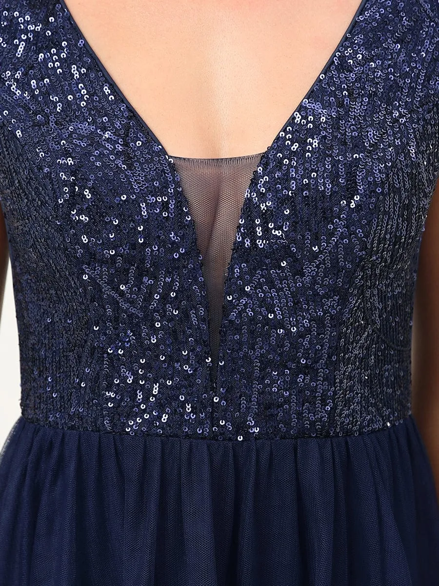 Sequin Illusion Plunging V-Neckline Sleeveless A-Line Tulle Evening Dress