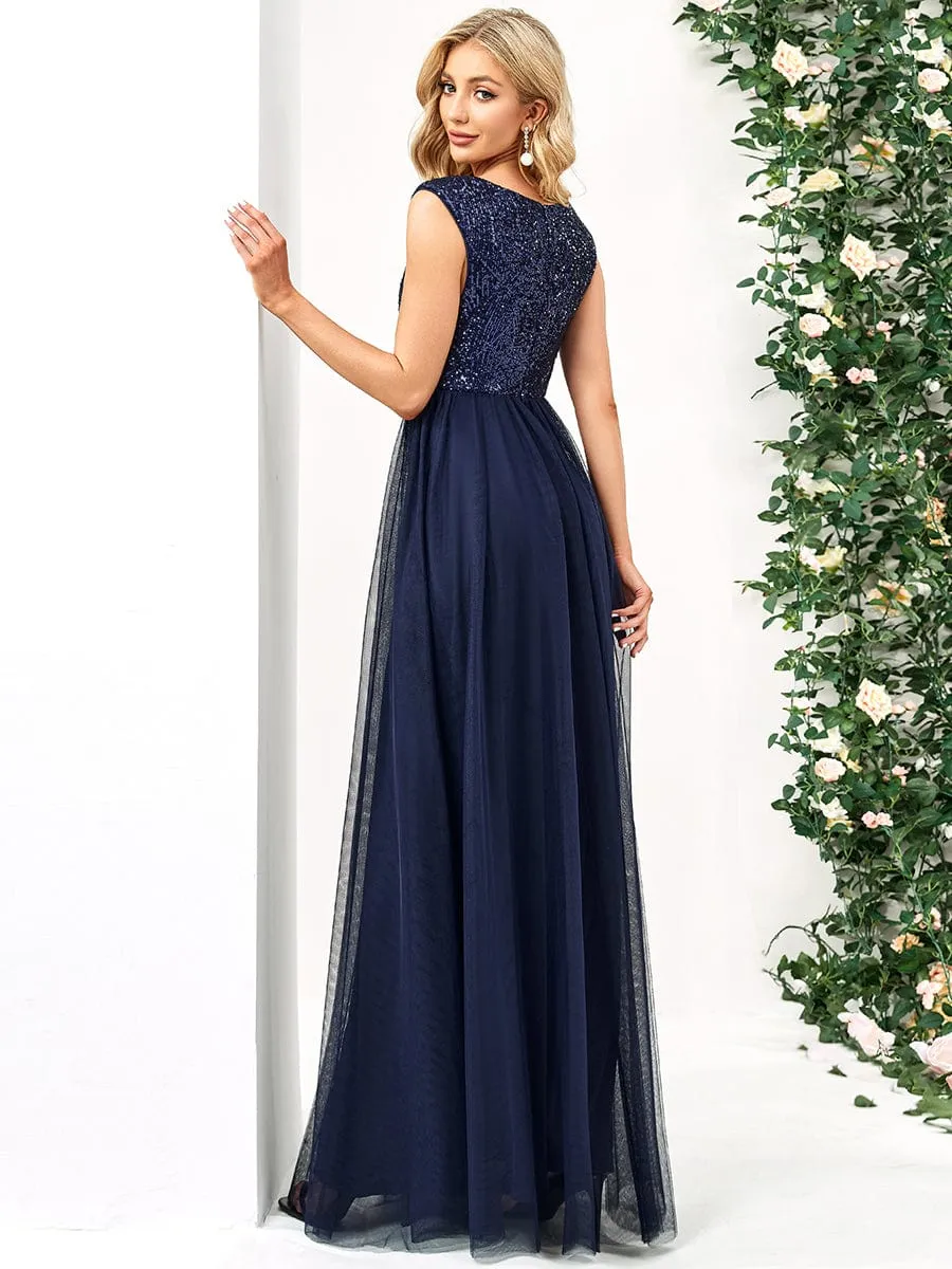Sequin Illusion Plunging V-Neckline Sleeveless A-Line Tulle Evening Dress