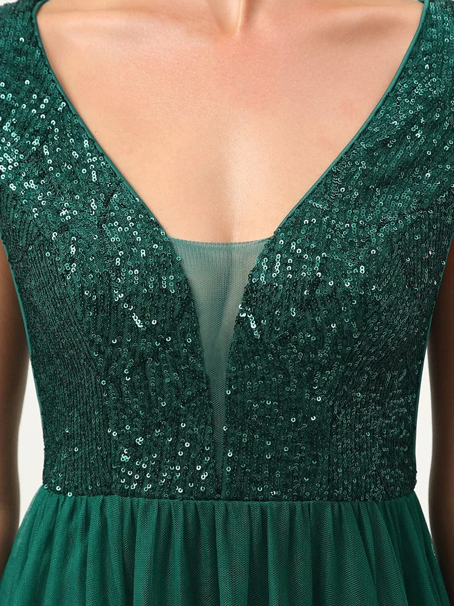Sequin Illusion Plunging V-Neckline Sleeveless A-Line Tulle Evening Dress