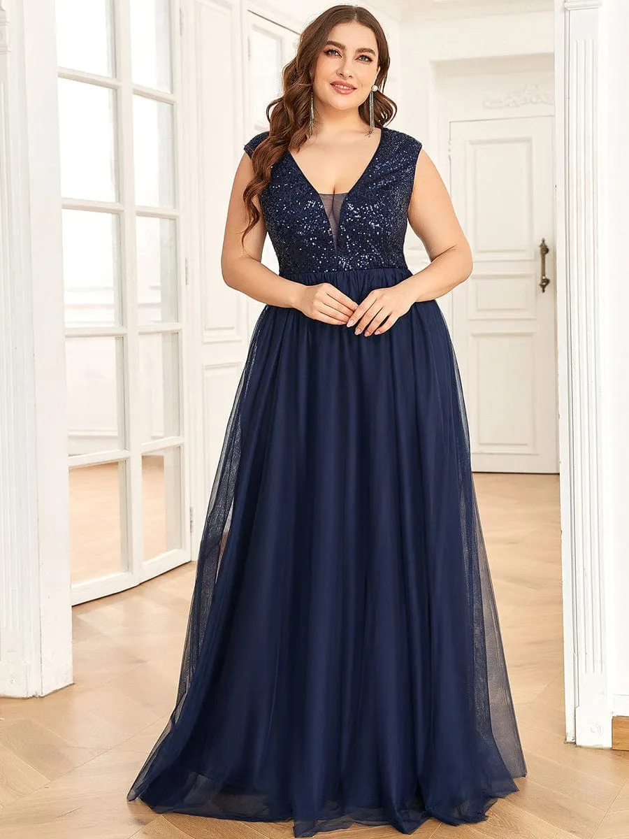 Sequin Illusion Plunging V-Neckline Sleeveless A-Line Tulle Evening Dress