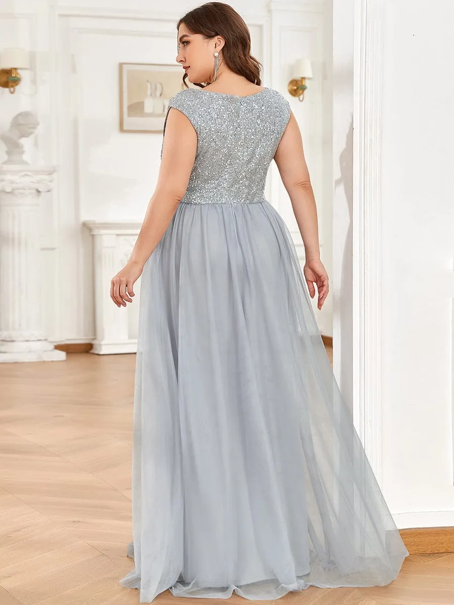 Sequin Illusion Plunging V-Neckline Sleeveless A-Line Tulle Evening Dress
