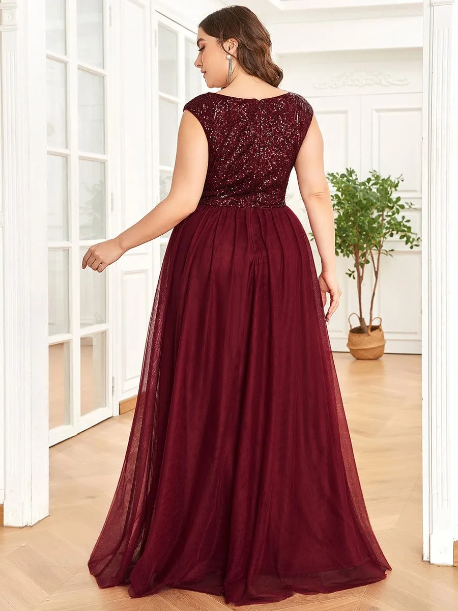 Sequin Illusion Plunging V-Neckline Sleeveless A-Line Tulle Evening Dress