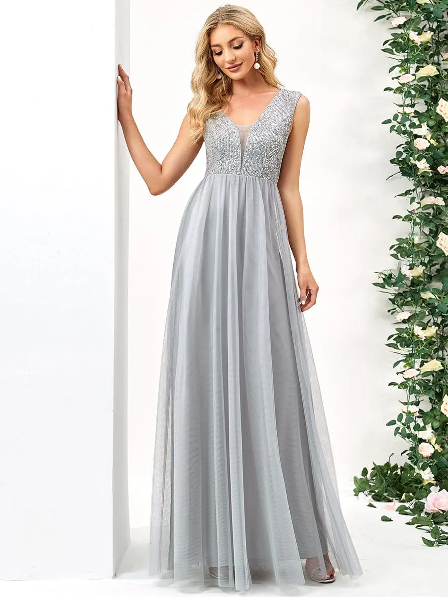 Sequin Illusion Plunging V-Neckline Sleeveless A-Line Tulle Evening Dress