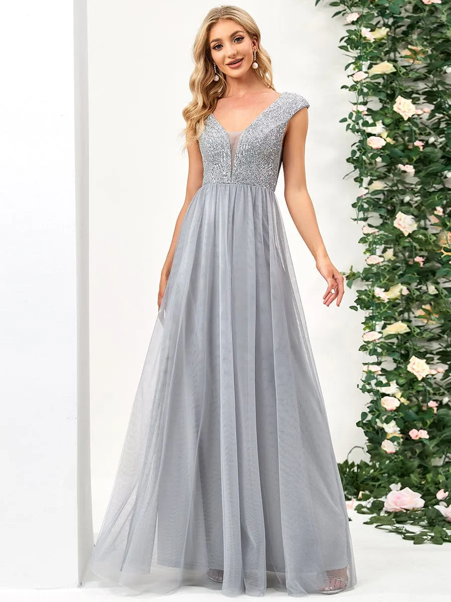 Sequin Illusion Plunging V-Neckline Sleeveless A-Line Tulle Evening Dress