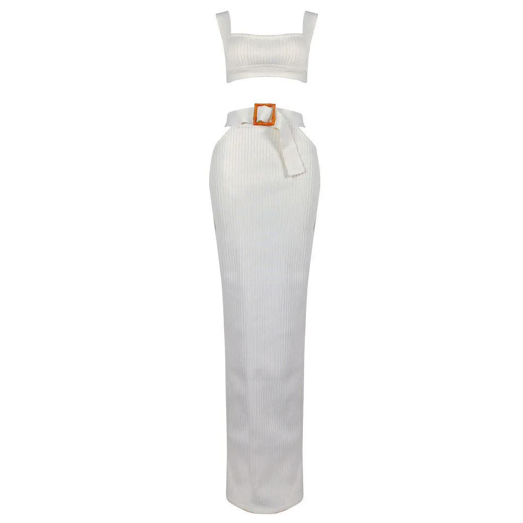 Sexy Rib Knit Crop Tank Top CutOut Belted High Waist Bandage Skirt Matching Set