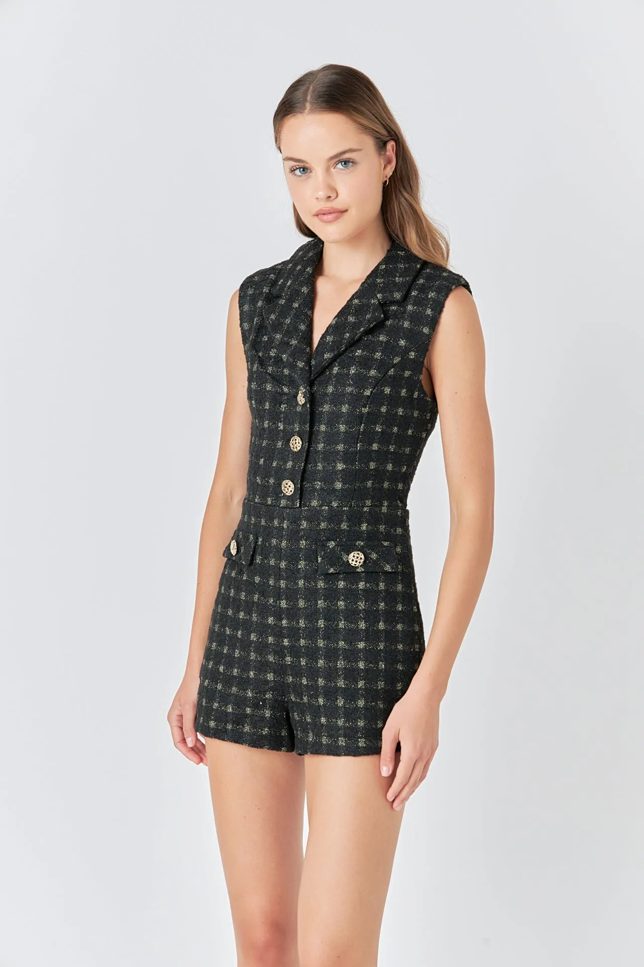 Sleeveless Tweed Suited Romper