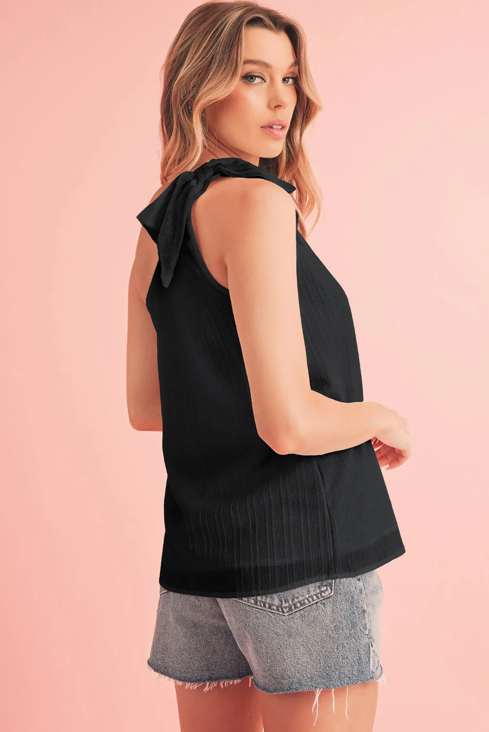 Solid Color Asymmetrical Knot Textured Sleeveless Shirt | Effortlessly Chic & Oh-So Sexy 😏🔥