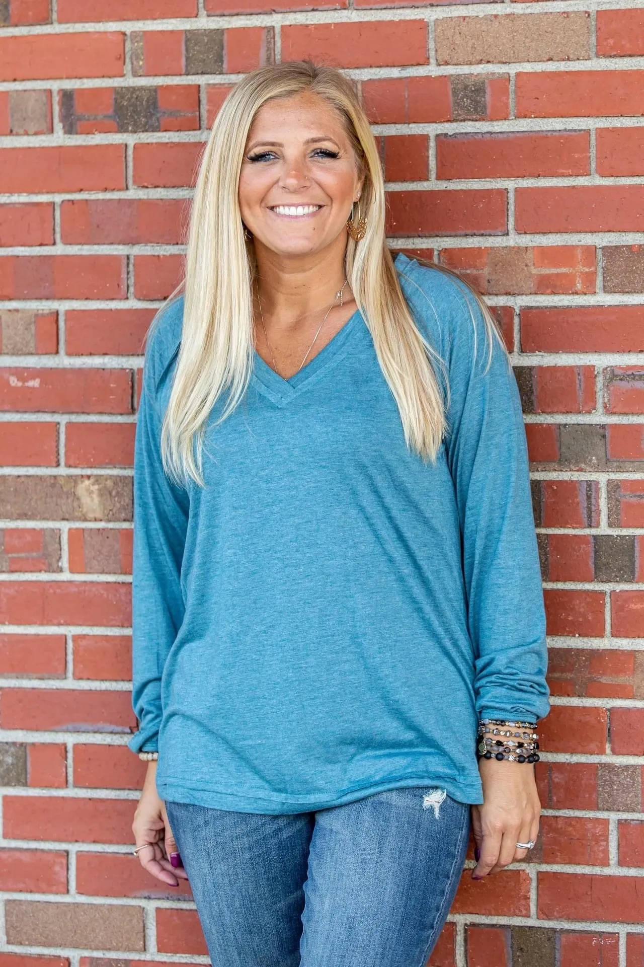 Solid V-Neck Top, Teal