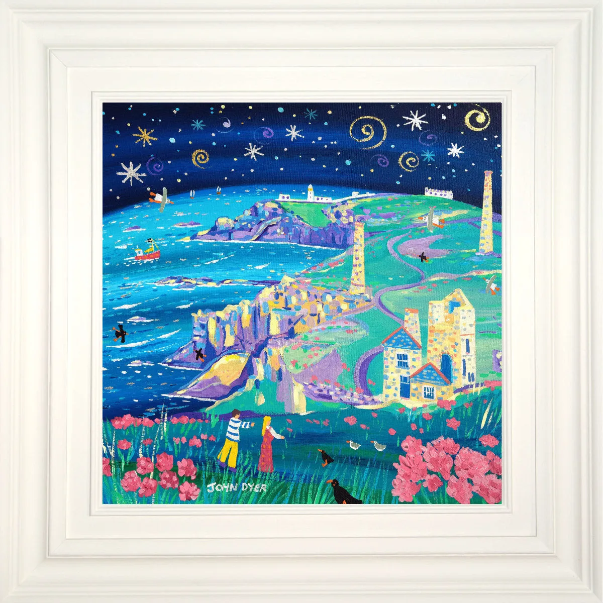 'Starlit Walk to Pendeen Lighthouse'. 18x18 inches original art acrylic on canvas. Paintings of Cornwall by Artist John Dyer. Cornwall Art Gallery