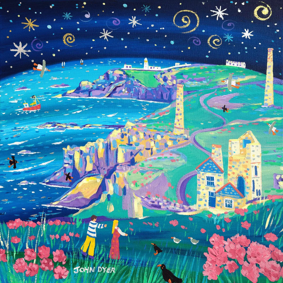 'Starlit Walk to Pendeen Lighthouse'. 18x18 inches original art acrylic on canvas. Paintings of Cornwall by Artist John Dyer. Cornwall Art Gallery