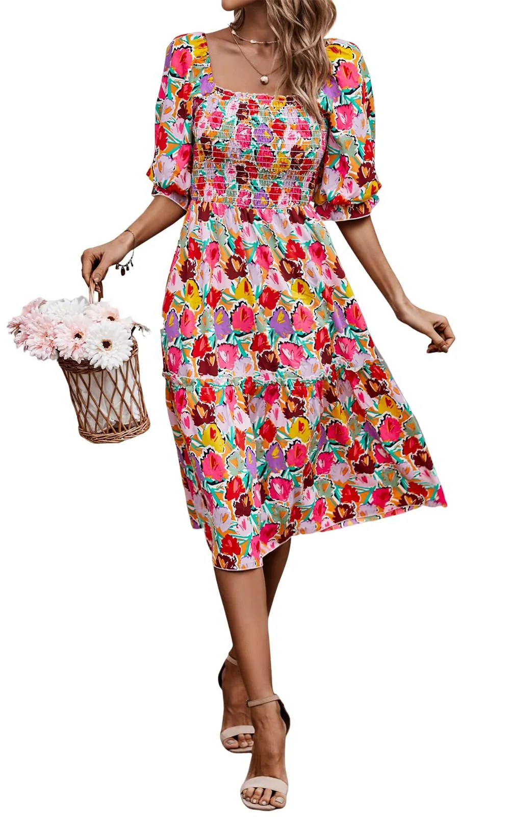 TastyHottie - Puff Sleeve Smocked Flowy Boho Floral Dress